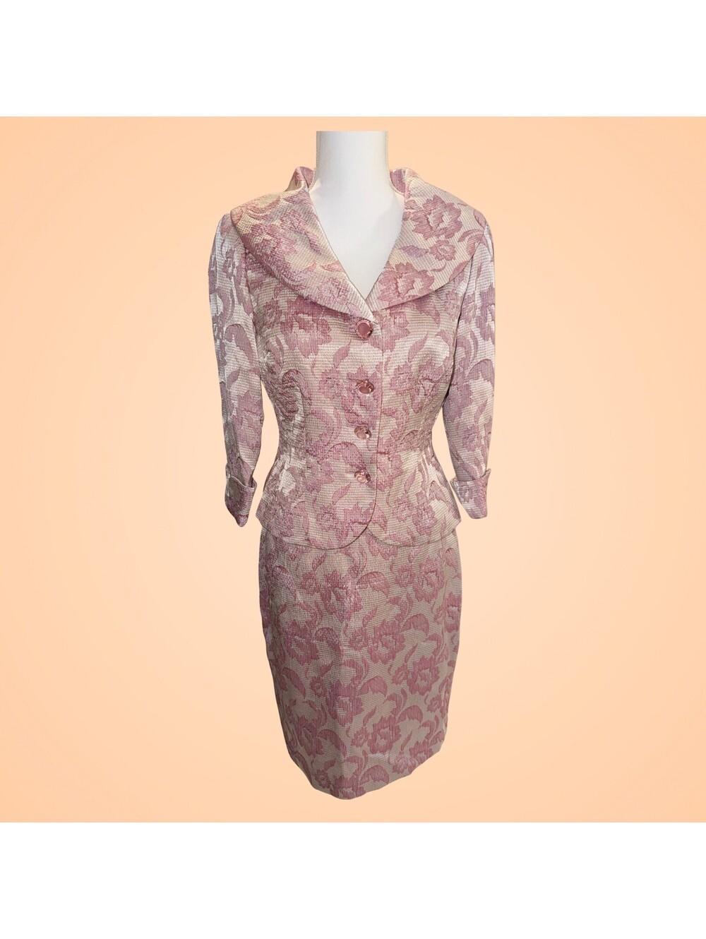 Maggy London Petites Size 8 Pink Floral Jacquard 2 Piece Blazer Skirt Suit
